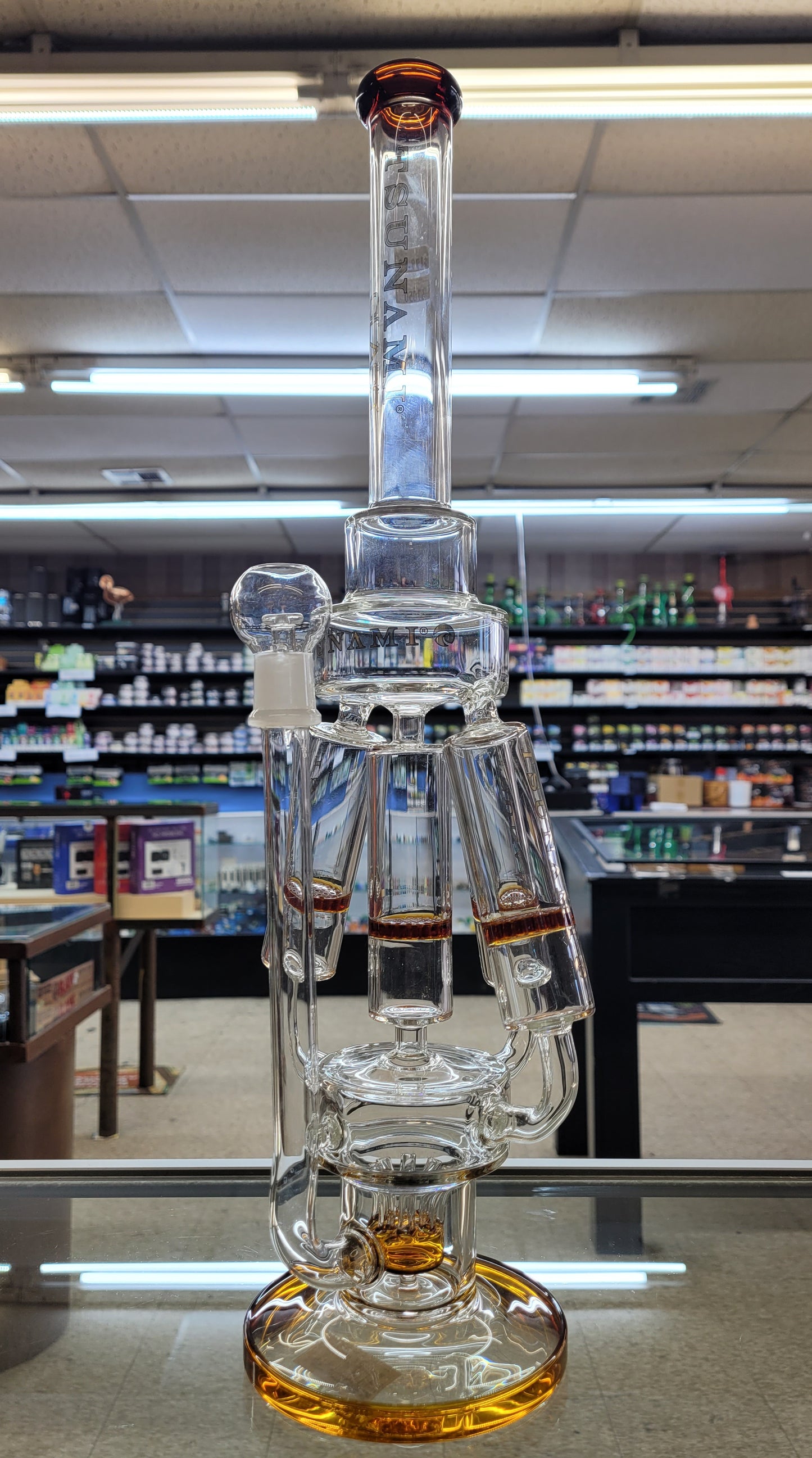 Waterpipe 21" Tsunami Glass Quad Honeycomb Sprinkler Perc Amber