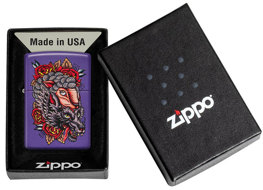 Zippo Lighter Wolf Sheep Tattoo Royal Purple