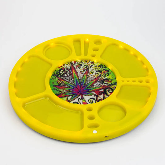Plastic LED Round Spinning Rolling Tray Yellow / Trippy MJ Leaf
