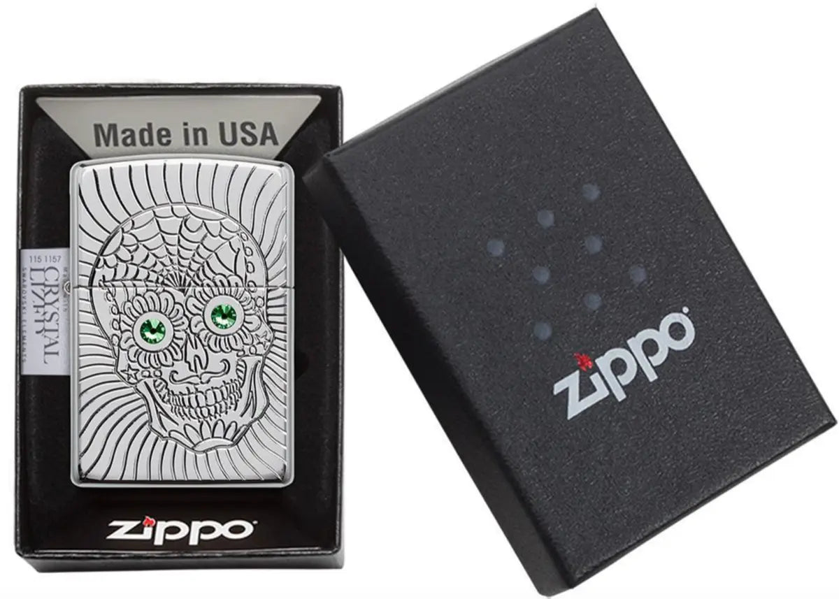 Zippo Lighter Armor Sugar Skull Bedazzled Eyes