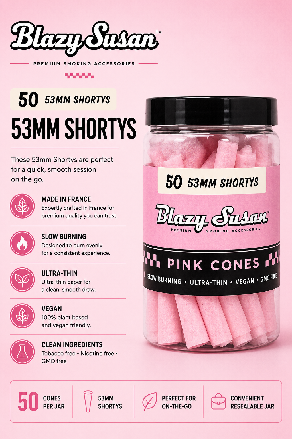 Blazy Susan Cones 50 Count Pink 53MM Shortys