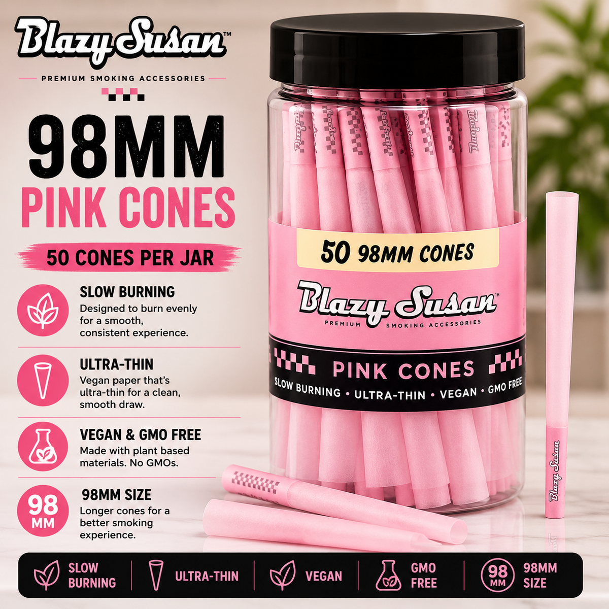 Blazy Susan Cones 98MM Pink 50 Count