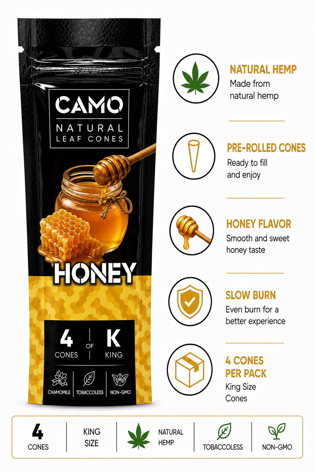 CAMO Hemp Cones 4 Count Honey