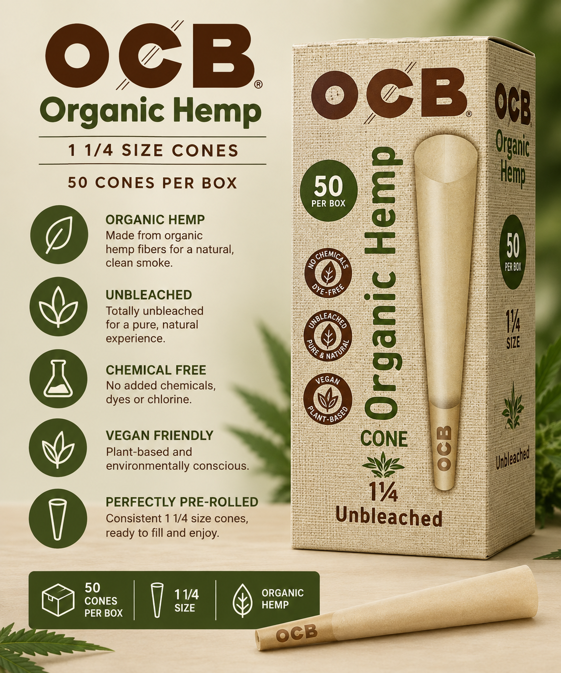 OCB Cones 1 1/4 Organic 50 Count