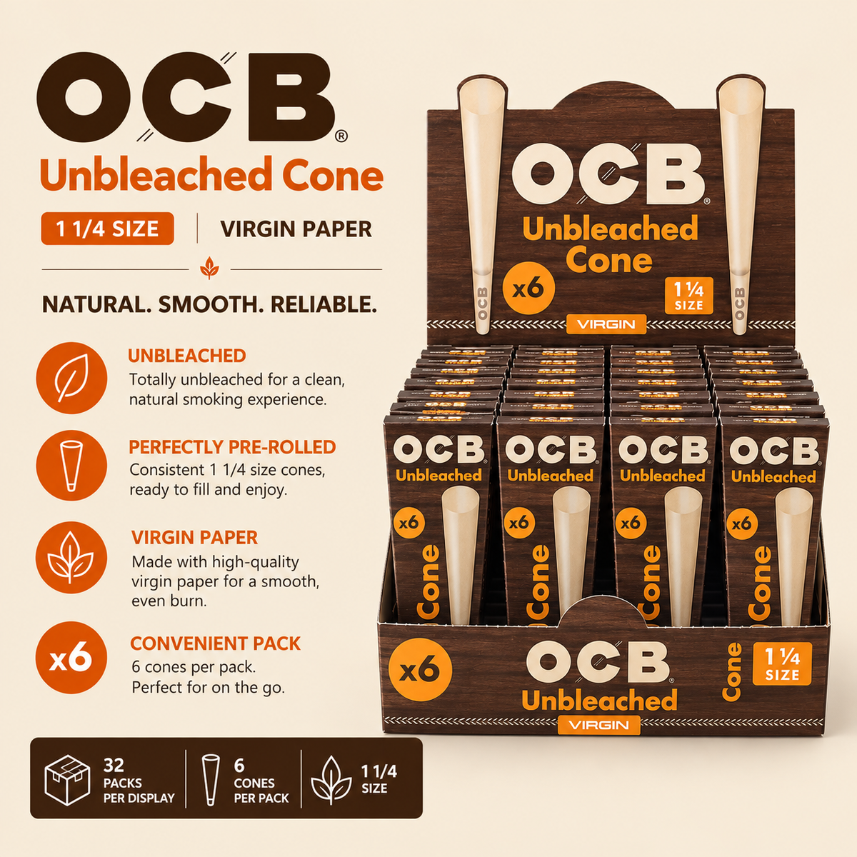 OCB Cones 1 1/4 Unbleached 6 Count