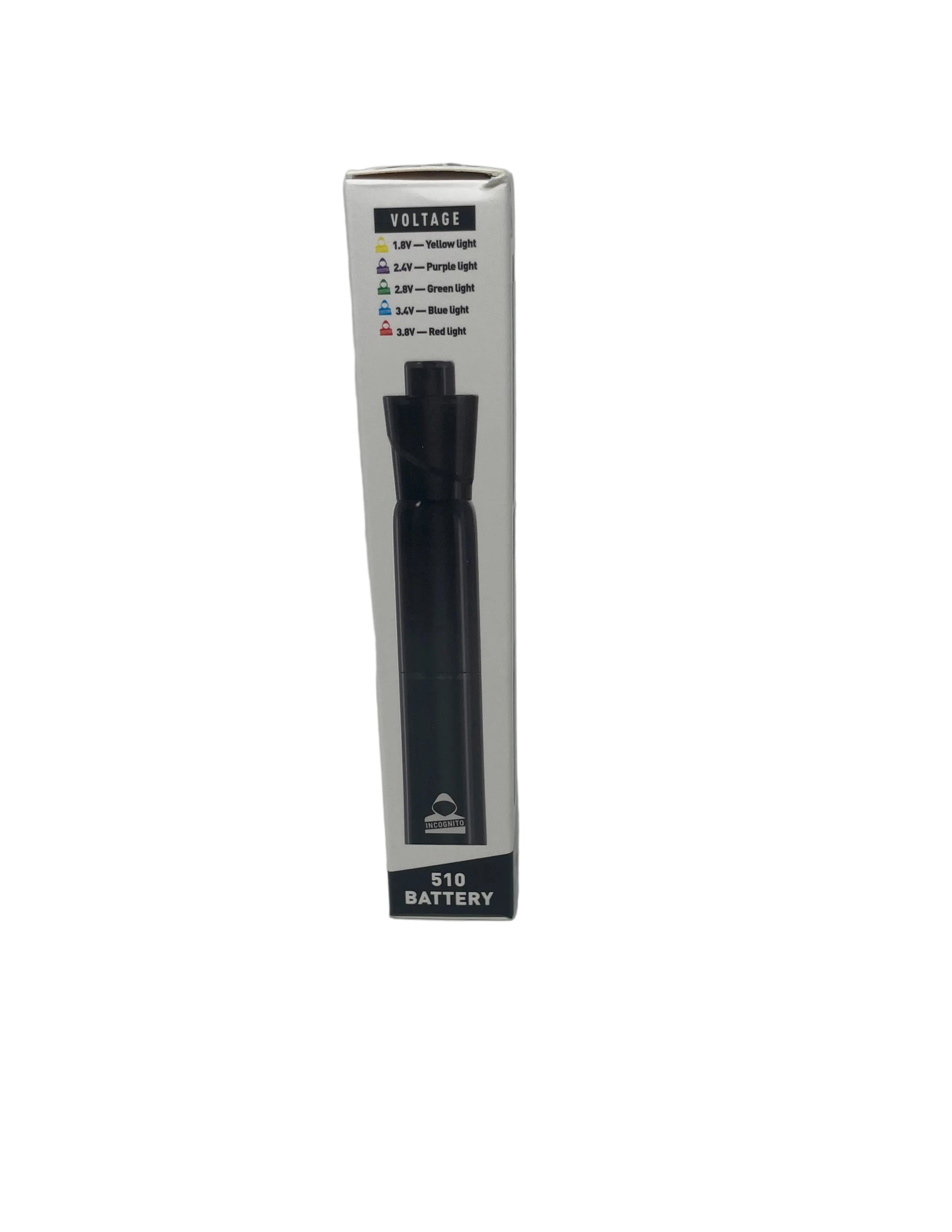 Black vape pen battery in packaging on a white background
